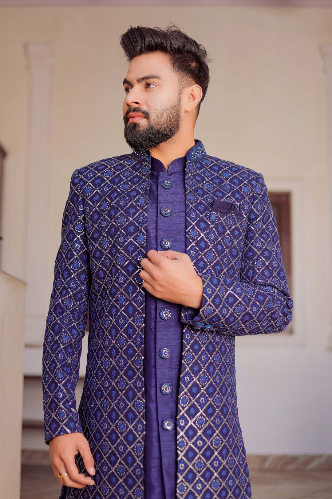 Navy Blue Lucknowi Jacket Style Indo-Western Suit