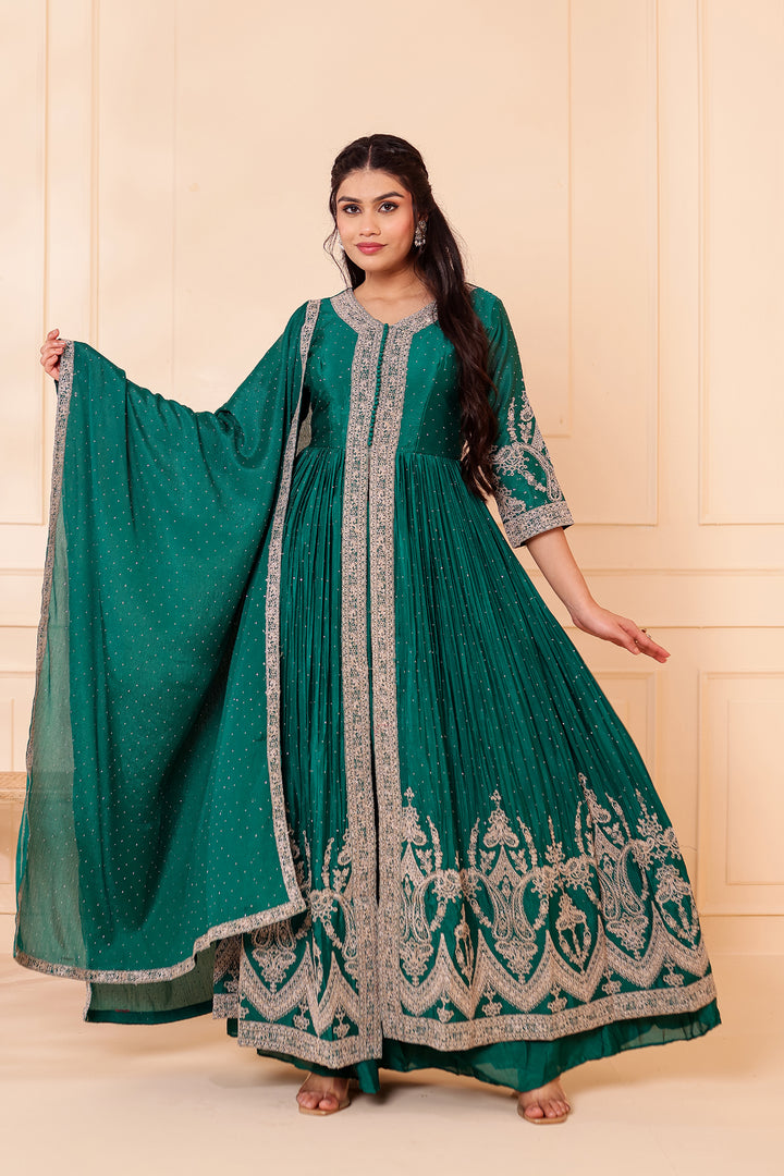 Dark Rama Chinon Silk Long Anarkali with Skirt.