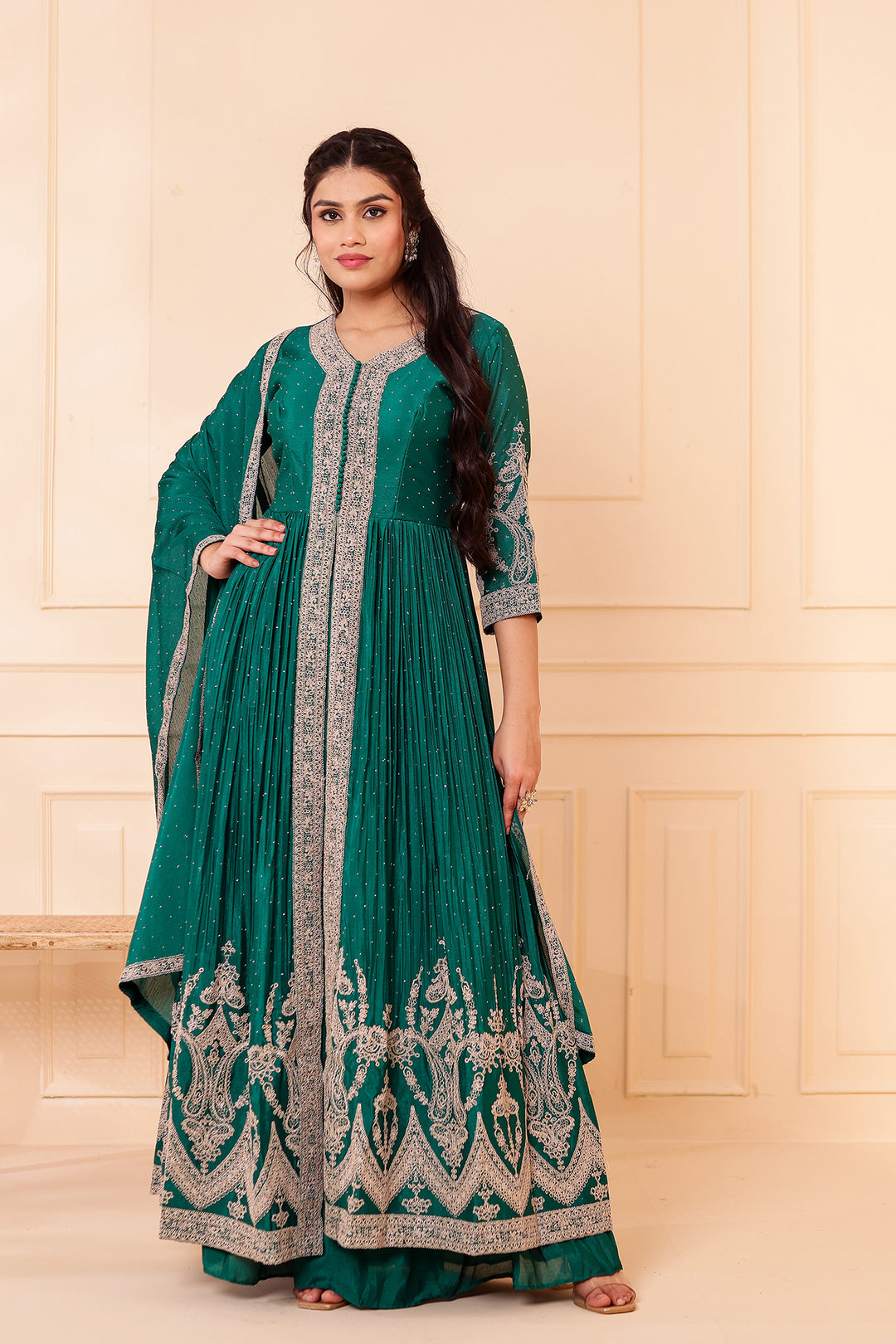 Dark Rama Chinon Silk Long Anarkali with Skirt.