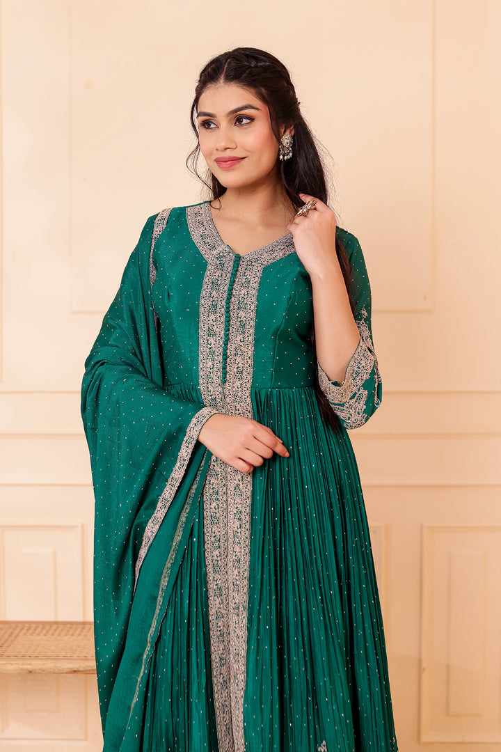 Dark Rama Chinon Silk Long Anarkali with Skirt.
