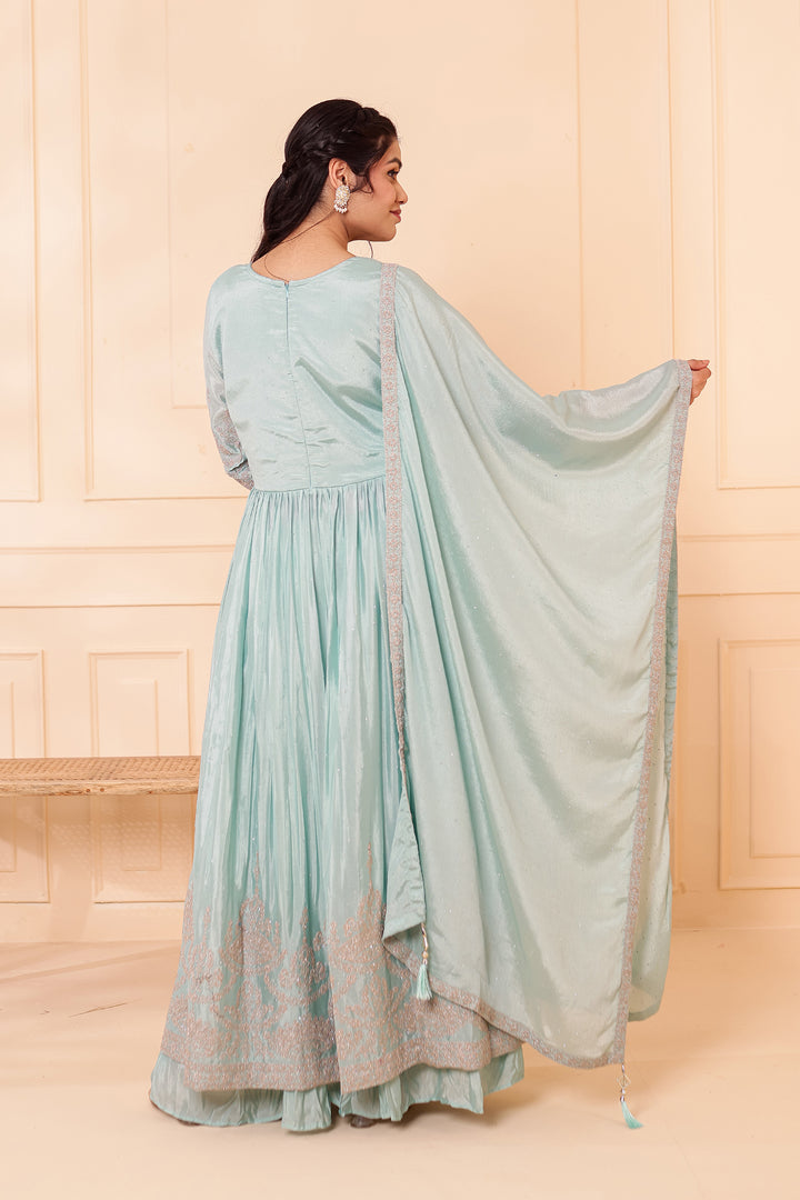 Sea Green Chinon Silk Long Anarkali with Skirt.