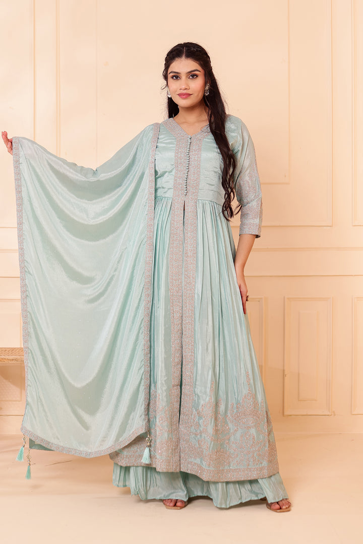 Sea Green Chinon Silk Long Anarkali with Skirt.