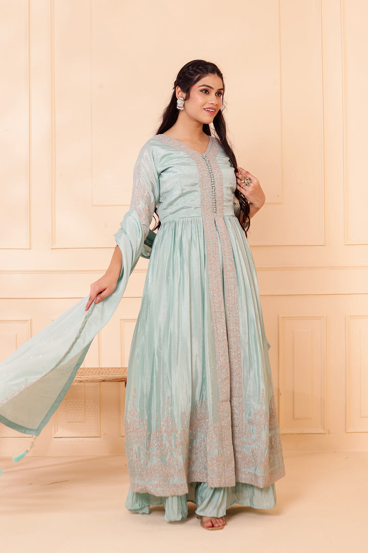 Sea Green Chinon Silk Long Anarkali with Skirt.
