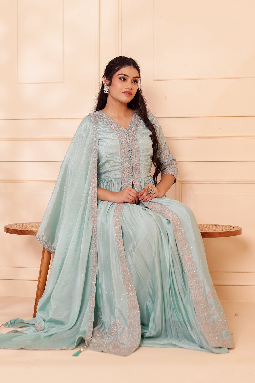 Sea Green Chinon Silk Long Anarkali with Skirt.