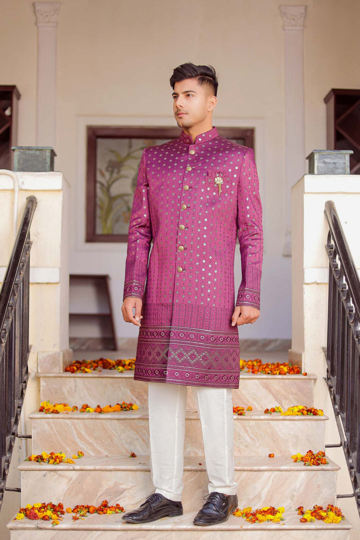 Wine Raw Silk Indo-Western Suit Embroidered With Gold Sequin And Resham Thread.