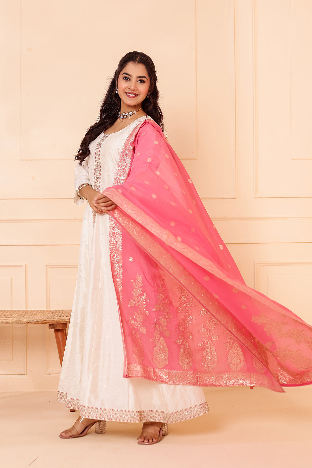 Ivory Vichitra Silk Anarkali Suit with Floral Dupatta.