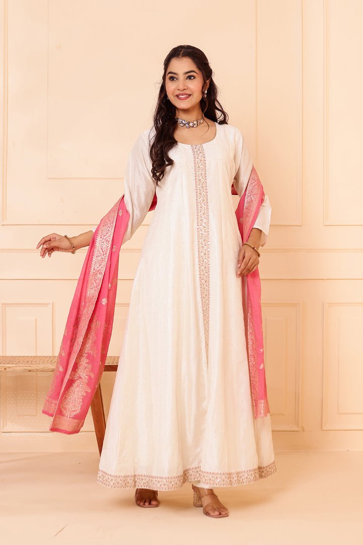 Ivory Vichitra Silk Anarkali Suit with Floral Dupatta.