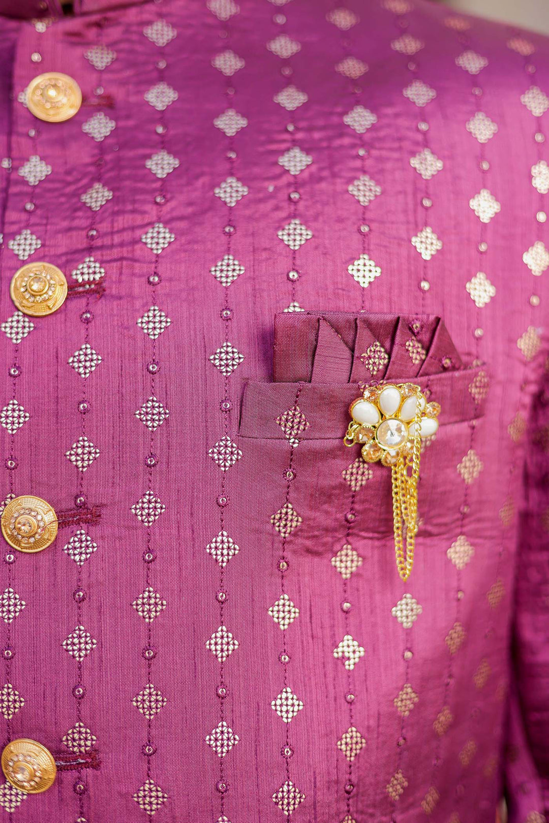 Wine Raw Silk Indo-Western Suit Embroidered With Gold Sequin And Resham Thread.