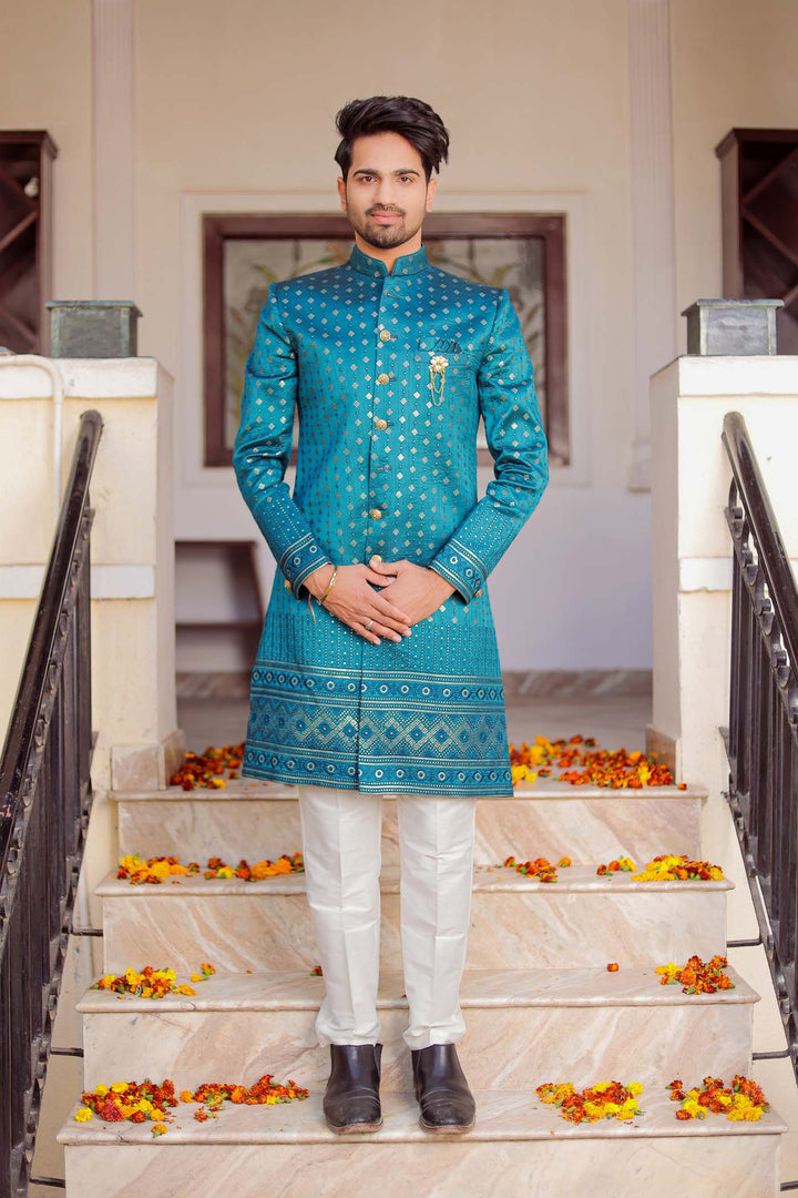 Teal Raw Silk Indo-Western Suit Embroidered With Gold Sequin And Resham Thread.