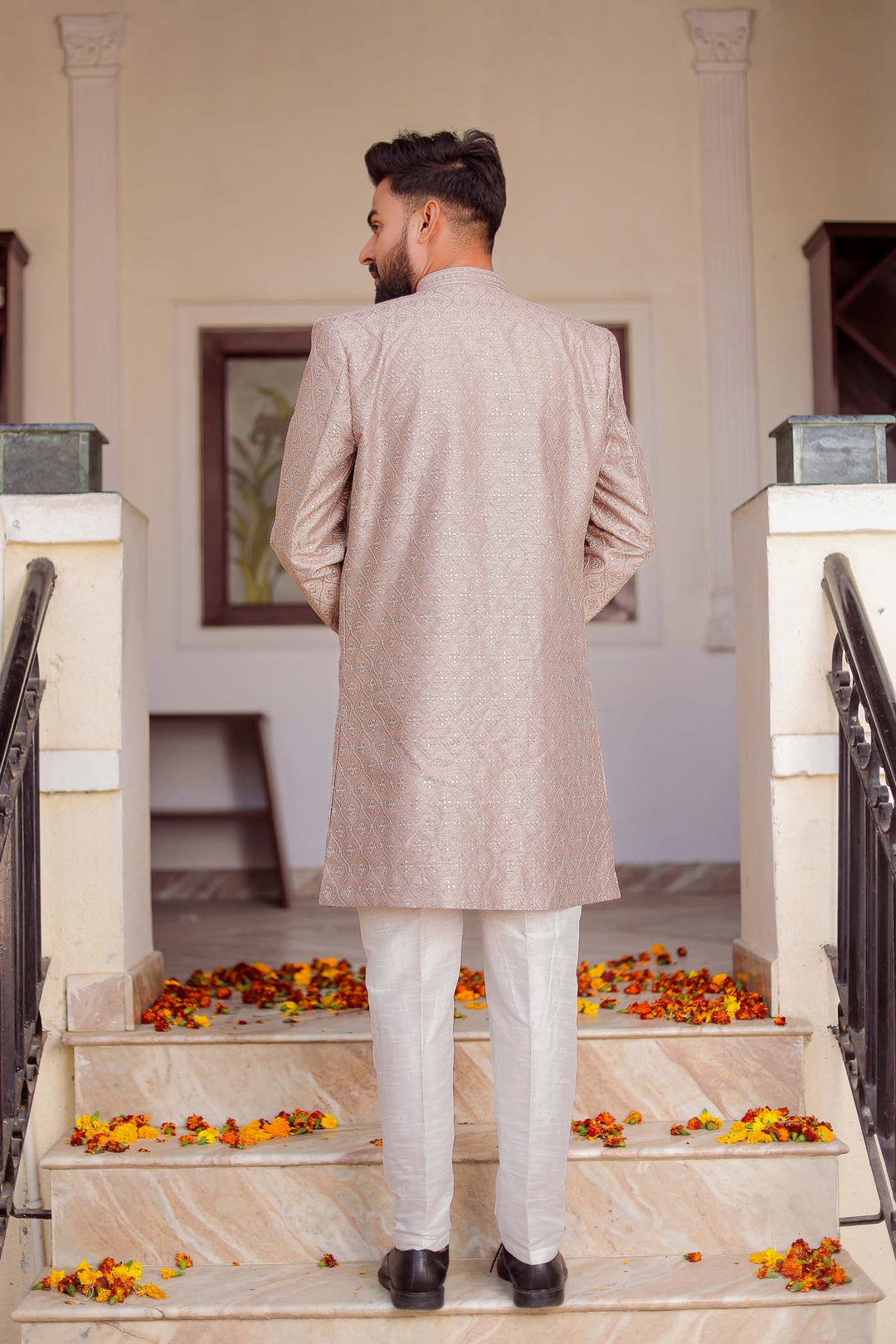 Mauve Raw Silk Embroidered Jacket Style Indo-wester Suit.