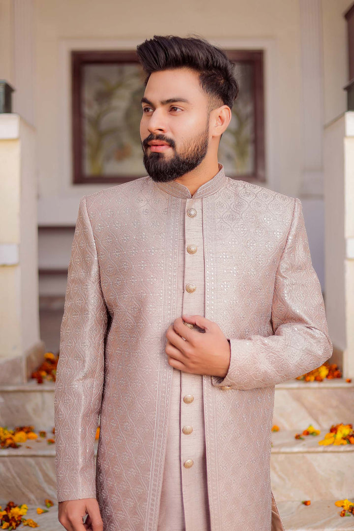 Mauve Raw Silk Embroidered Jacket Style Indo-wester Suit.