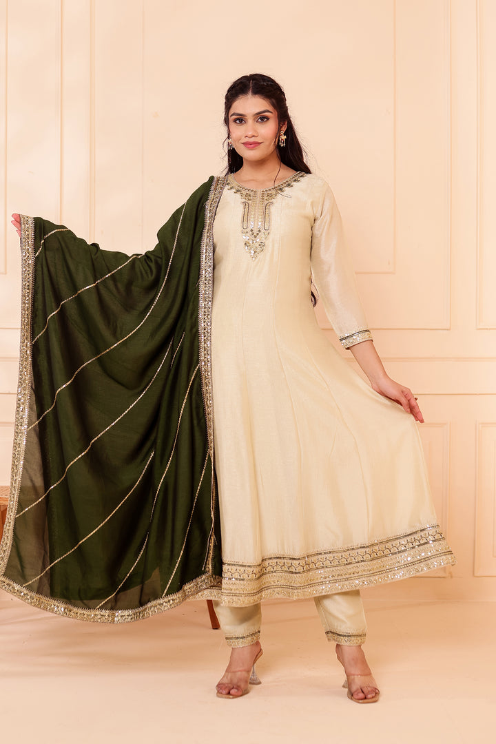 Pista Green Vichitra Silk Anarkali Suit.