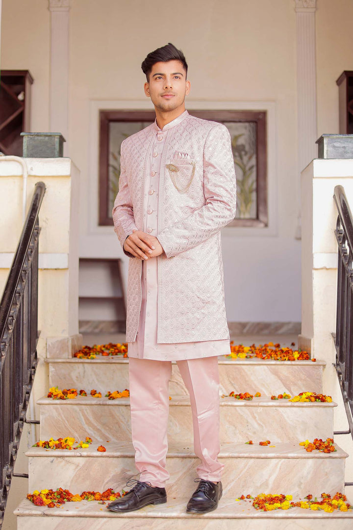 Mauve Raw Silk Jacket Style Indo-wester Suit.