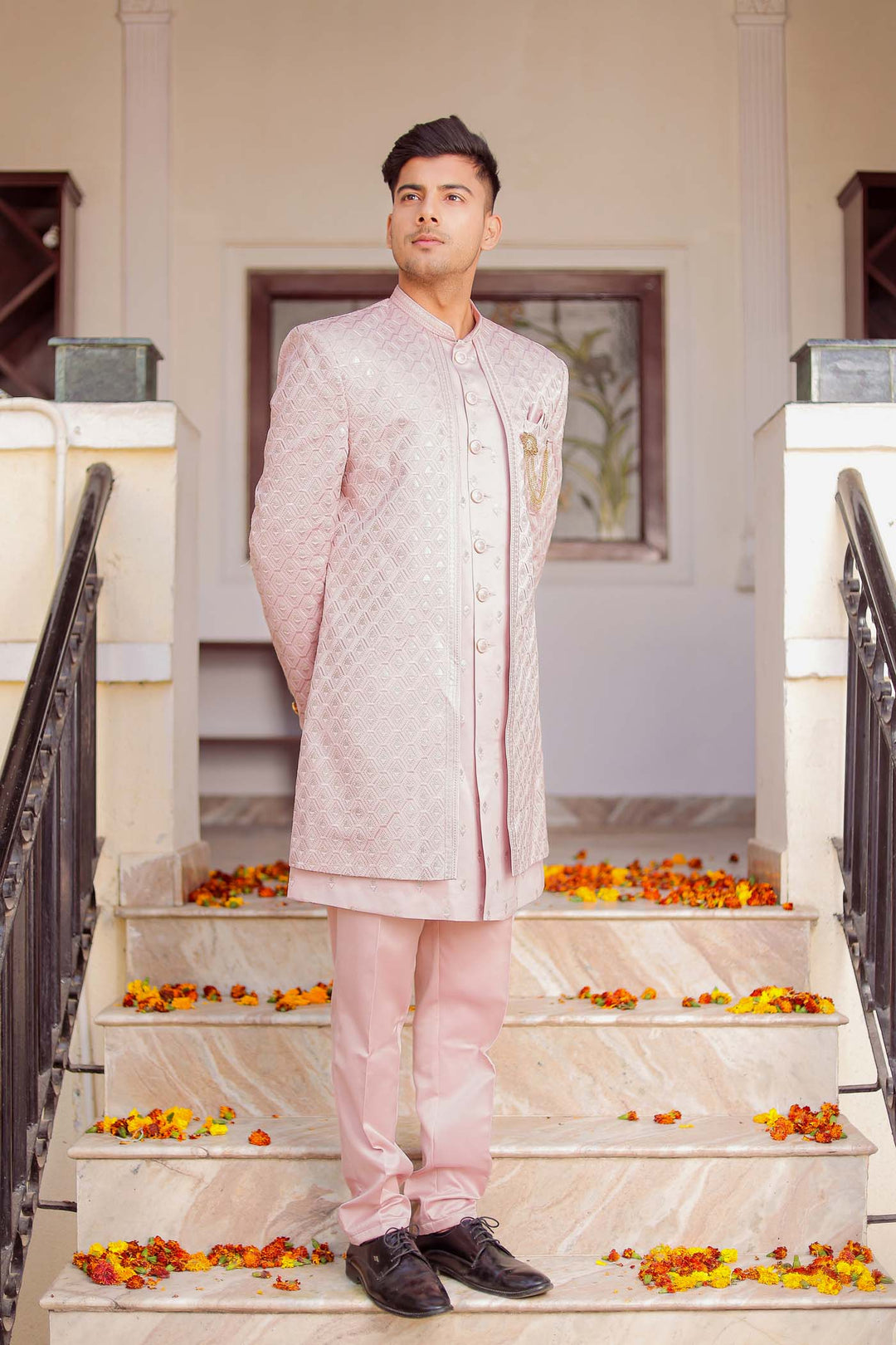 Mauve Raw Silk Jacket Style Indo-wester Suit.