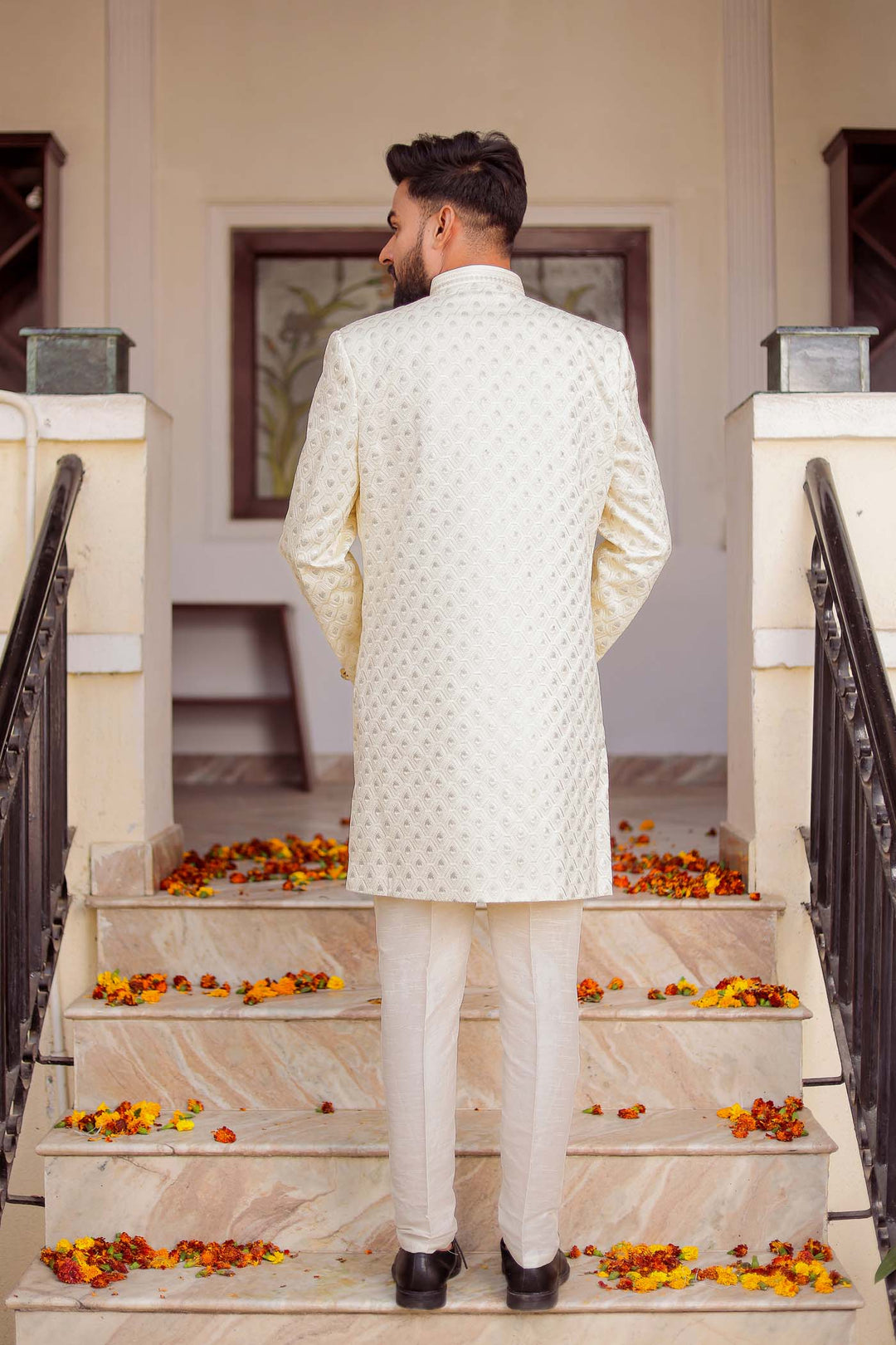 Cream Raw Silk Jacket Style Indo-wester Suit.