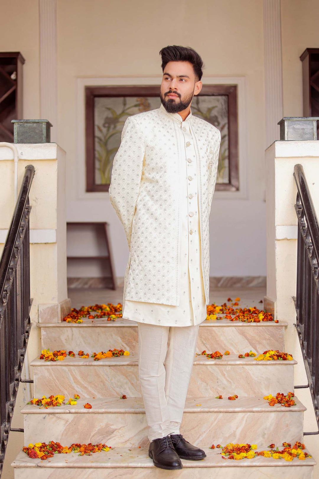 Cream Raw Silk Jacket Style Indo-wester Suit.