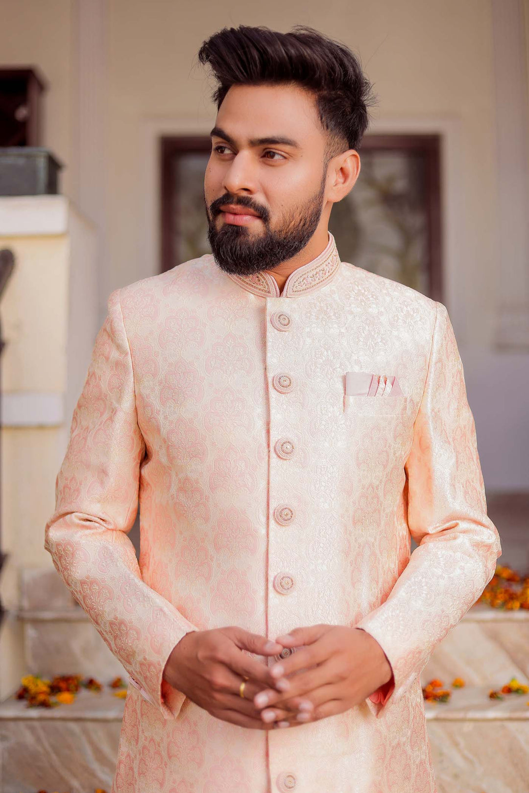 Peach Brocade Silk Indo-Western Suit