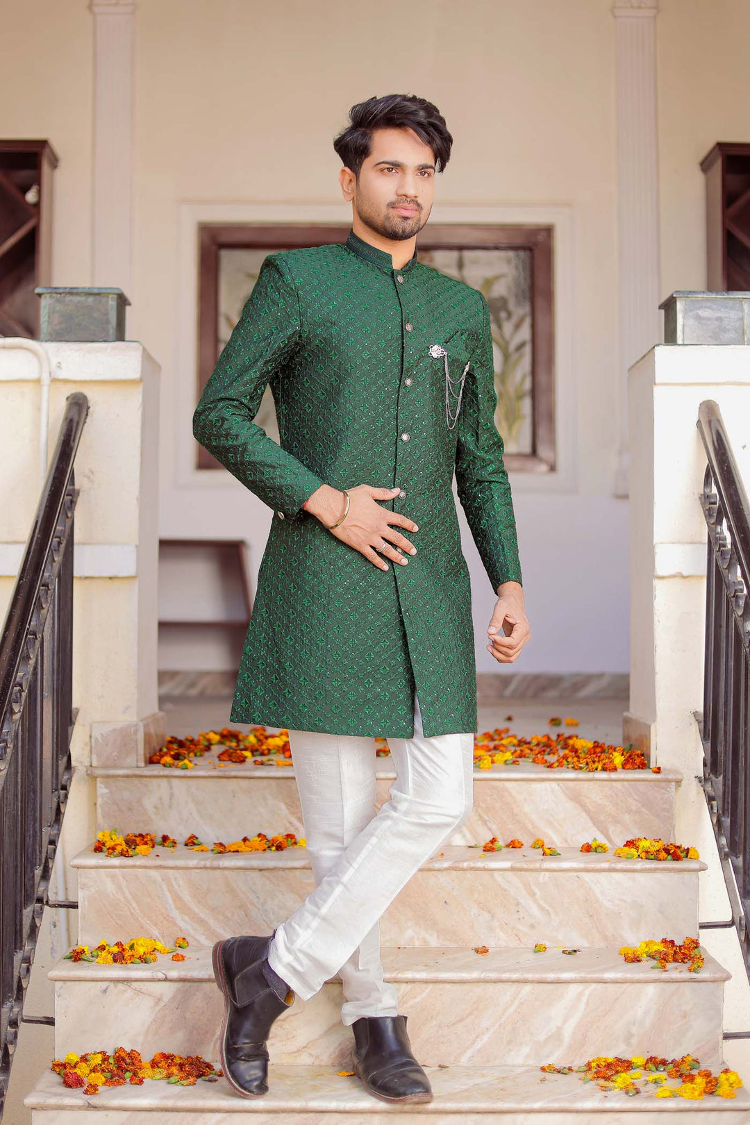 Bottle Green Lucknowi Silk Indo-western Suit