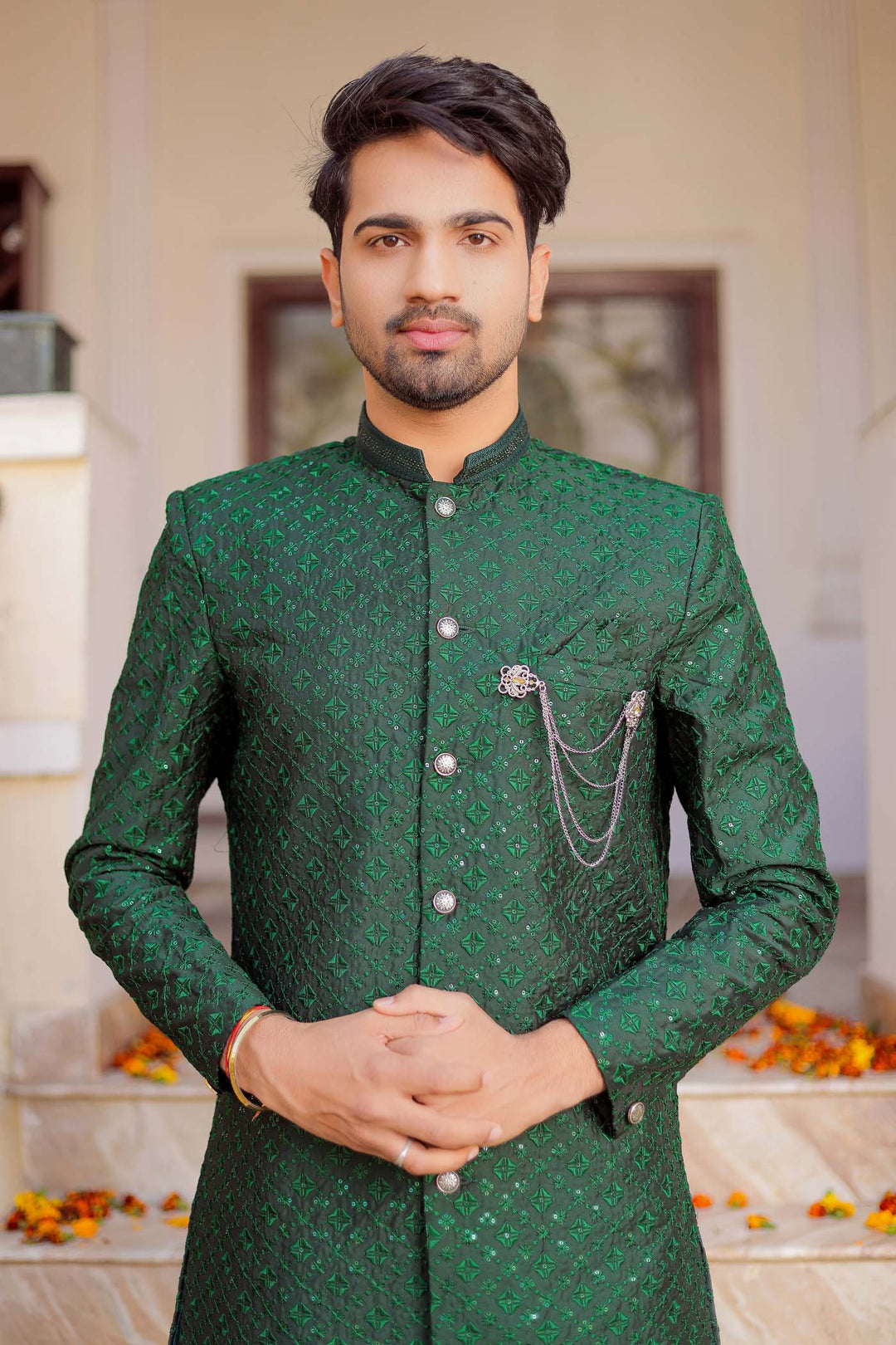 Bottle Green Lucknowi Silk Indo-western Suit