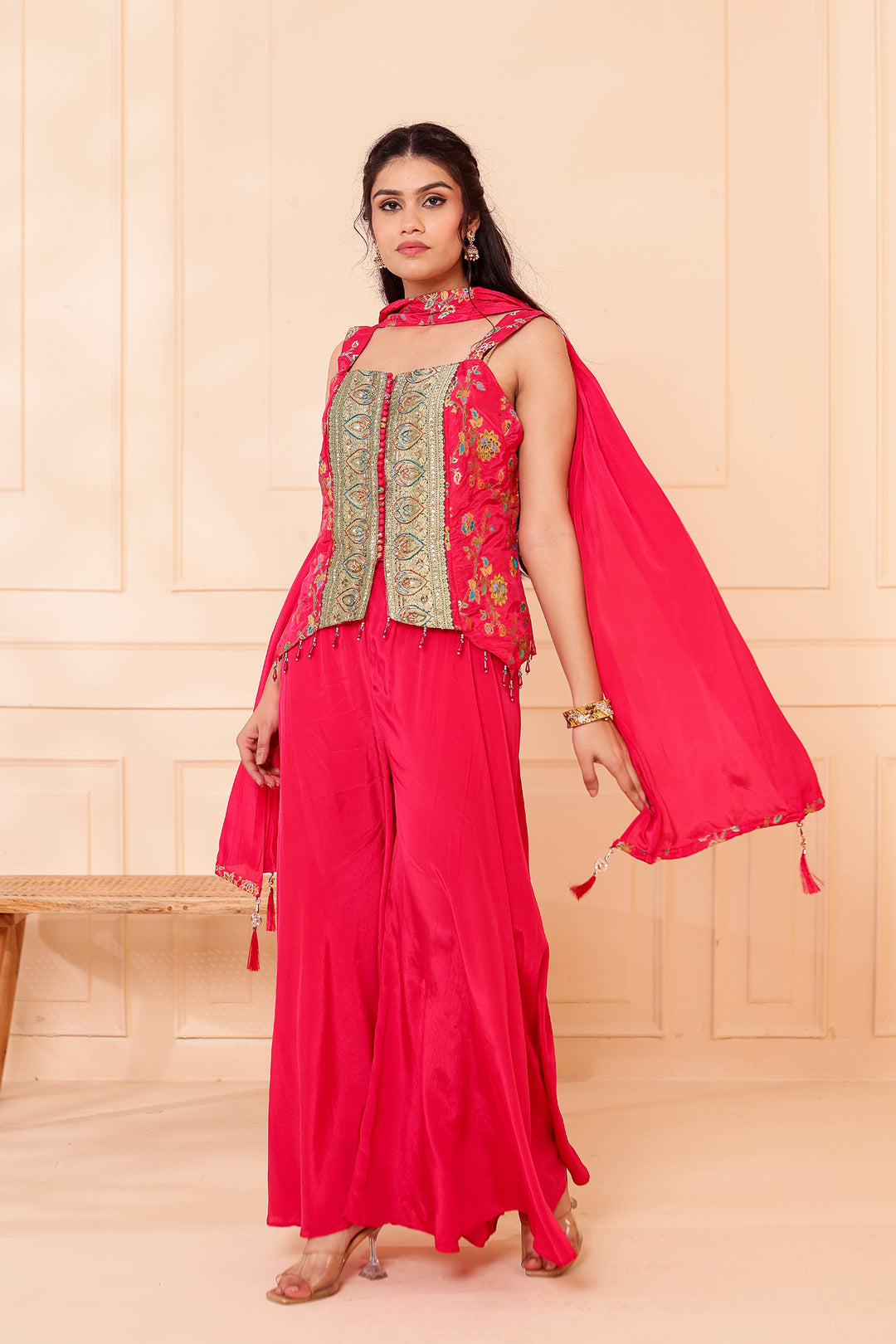 Magenta Crepe Silk Indo-Western Flared Palazzo Suit.