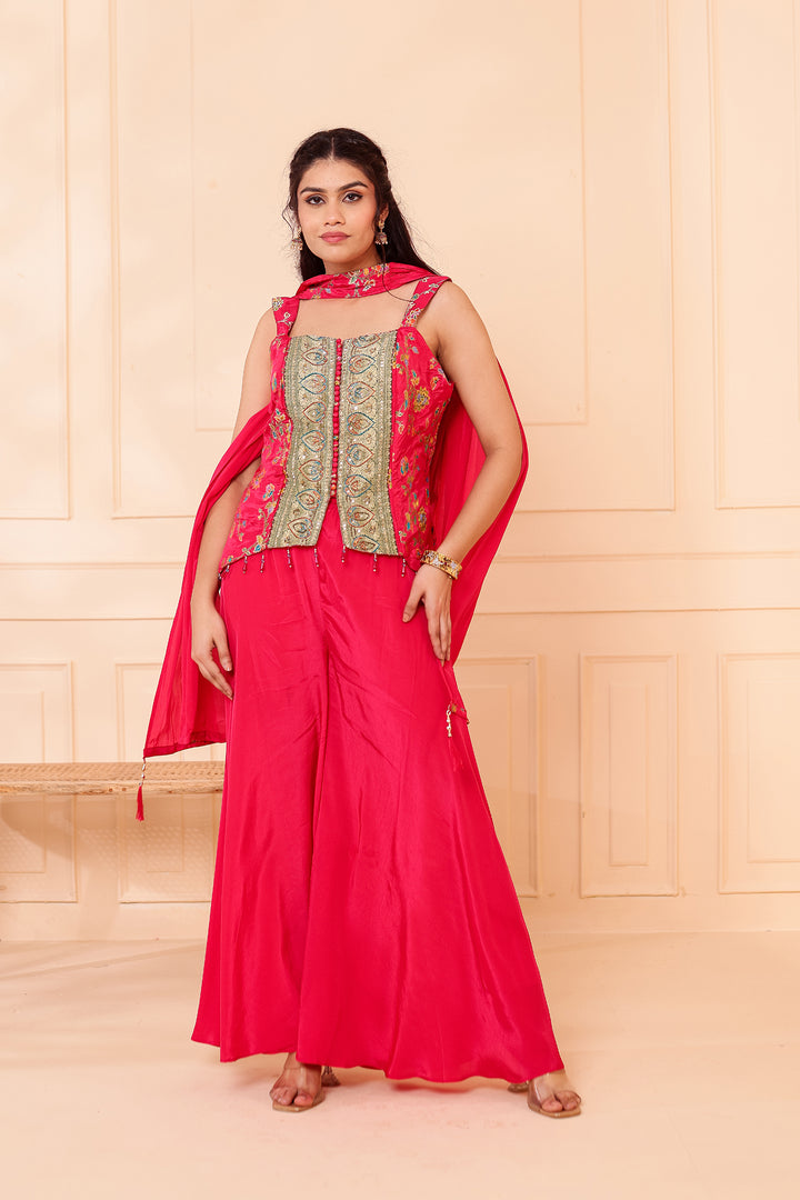 Magenta Crepe Silk Indo-Western Flared Palazzo Suit.