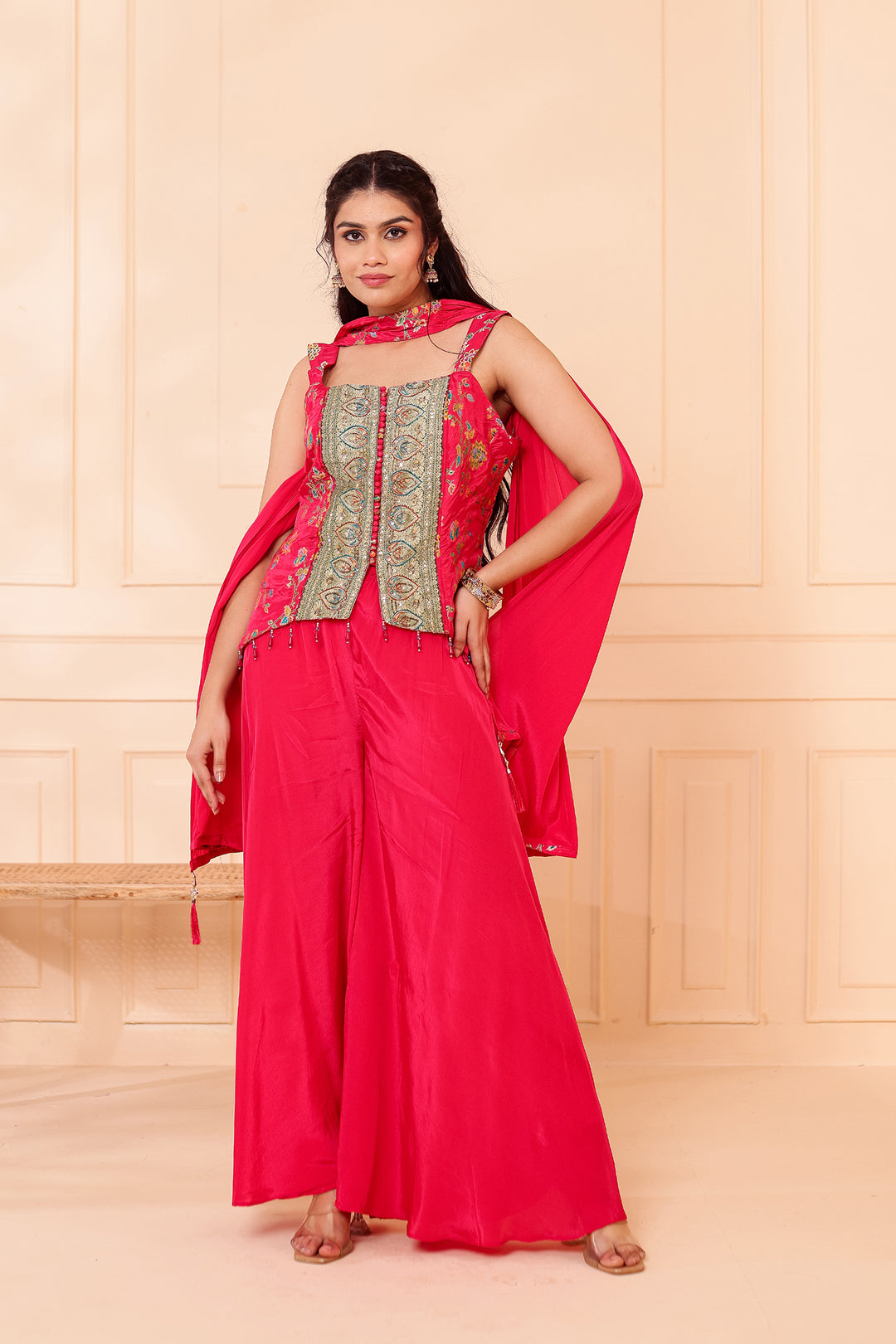 Magenta Crepe Silk Indo-Western Flared Palazzo Suit.