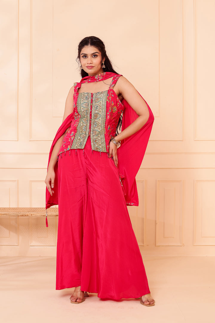 Magenta Crepe Silk Indo-Western Flared Palazzo Suit.