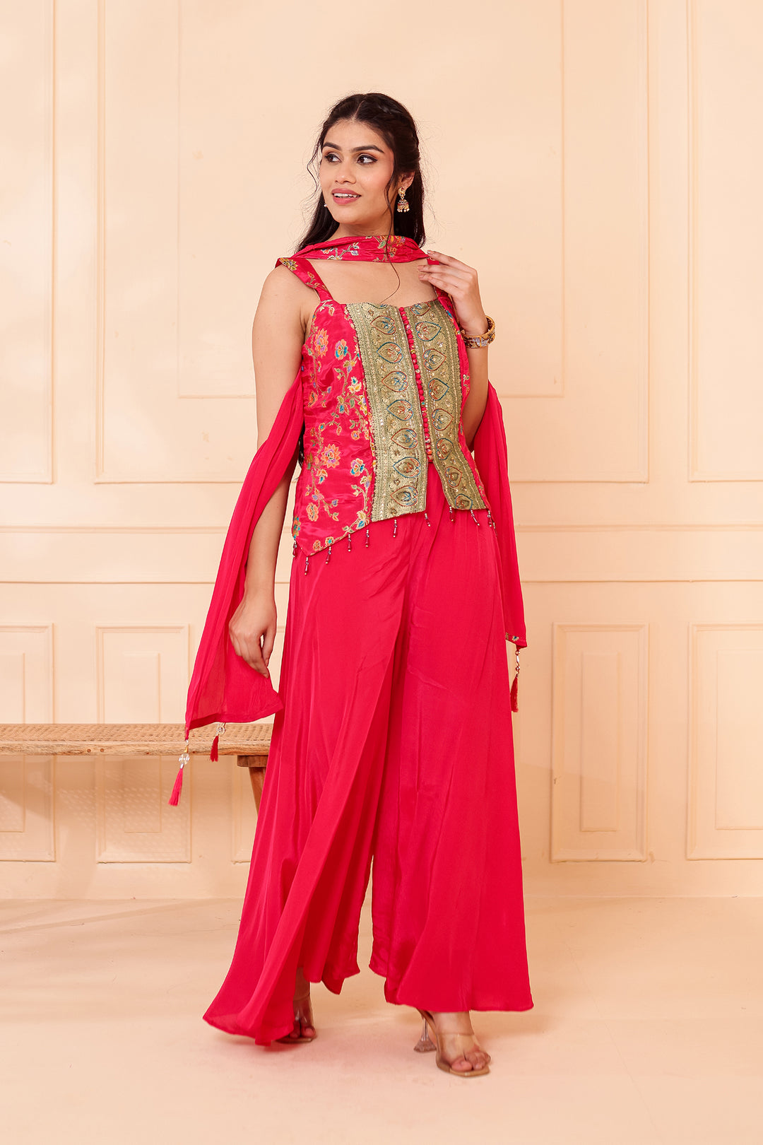 Magenta Crepe Silk Indo-Western Flared Palazzo Suit.