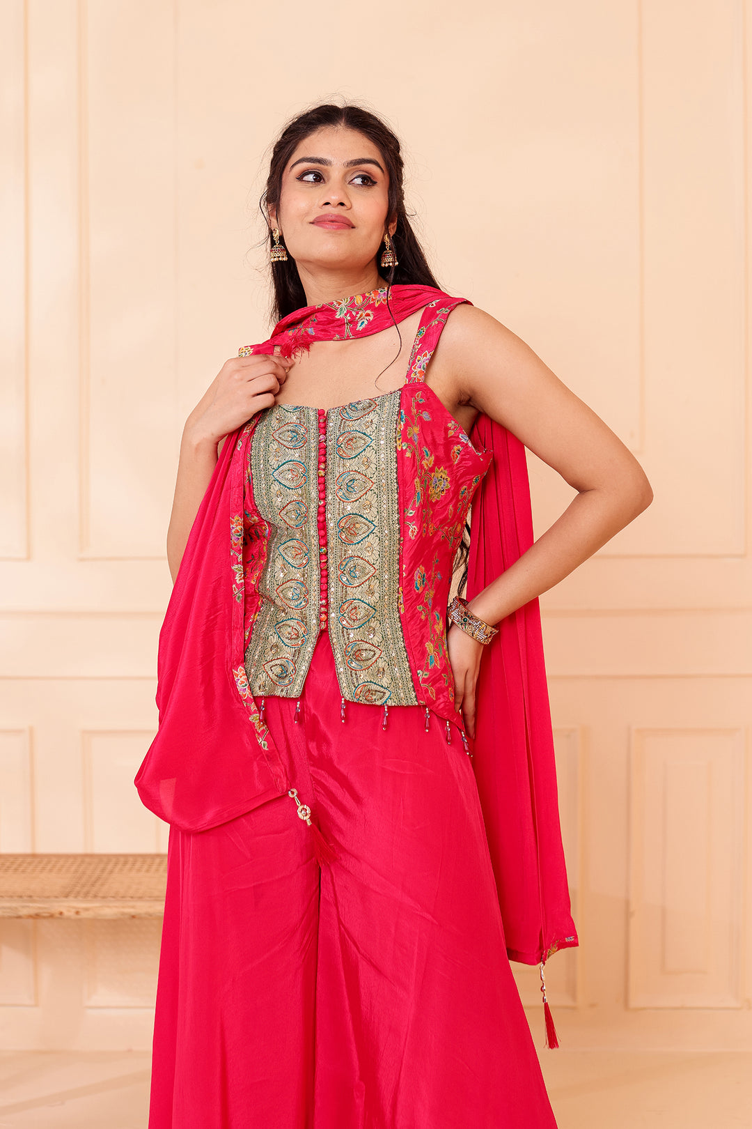 Magenta Crepe Silk Indo-Western Flared Palazzo Suit.