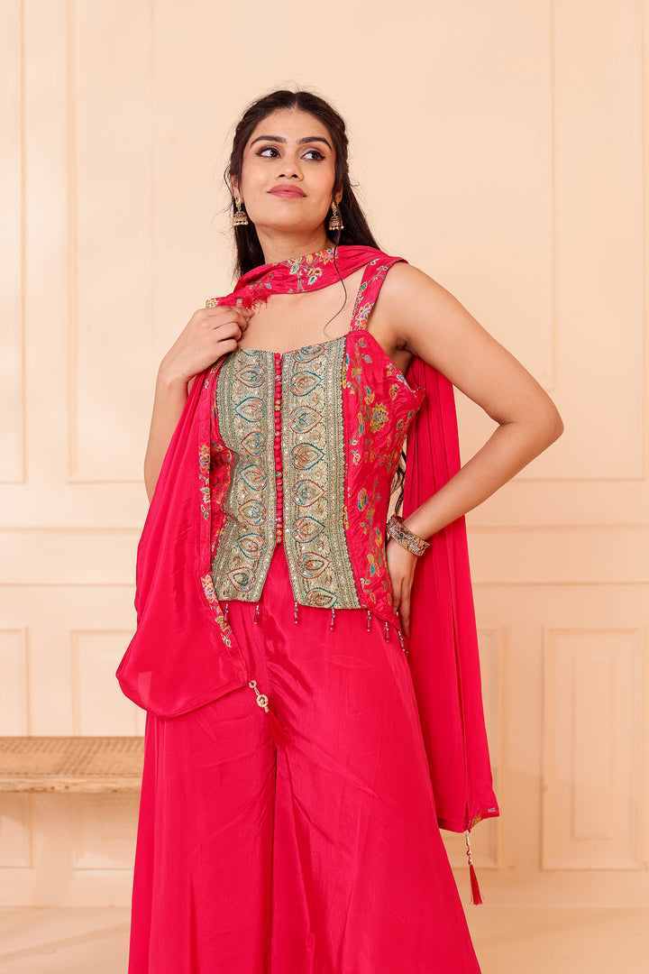 Magenta Crepe Silk Indo-Western Flared Palazzo Suit.