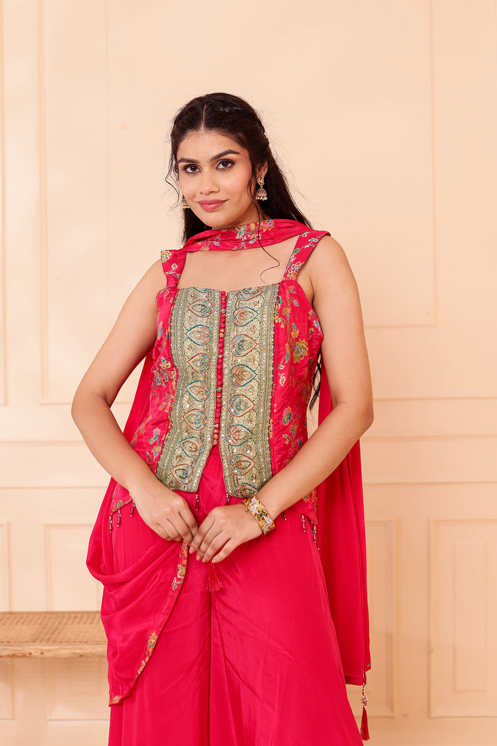 Magenta Crepe Silk Indo-Western Flared Palazzo Suit.