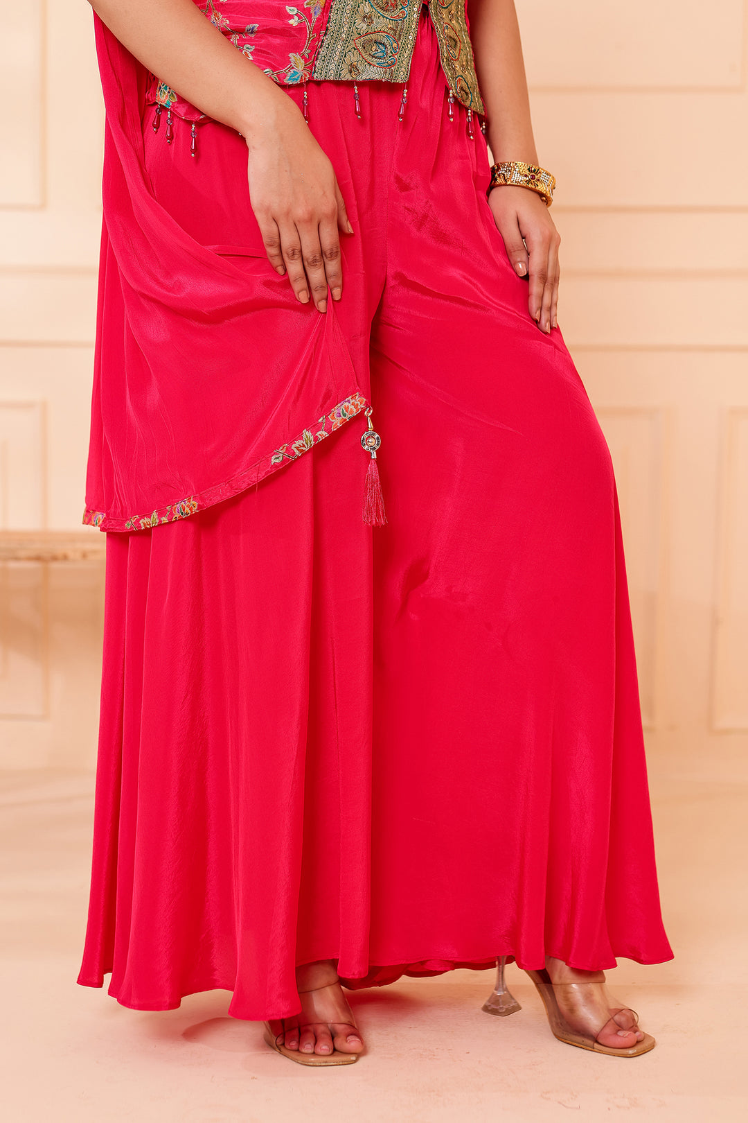 Magenta Crepe Silk Indo-Western Flared Palazzo Suit.