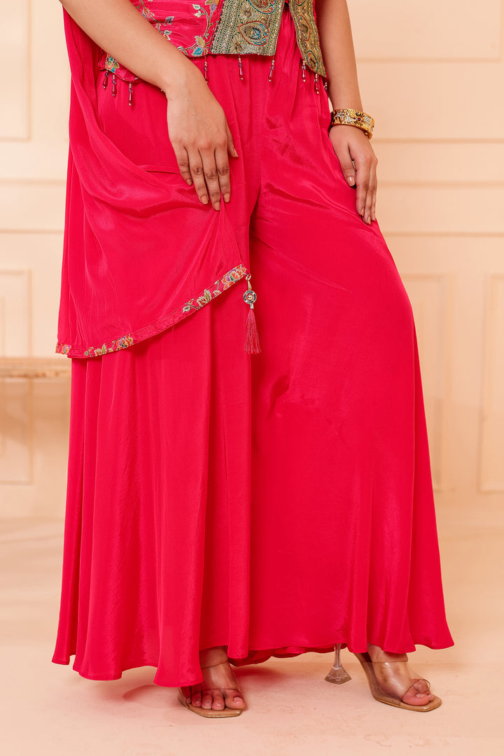 Magenta Crepe Silk Indo-Western Flared Palazzo Suit.