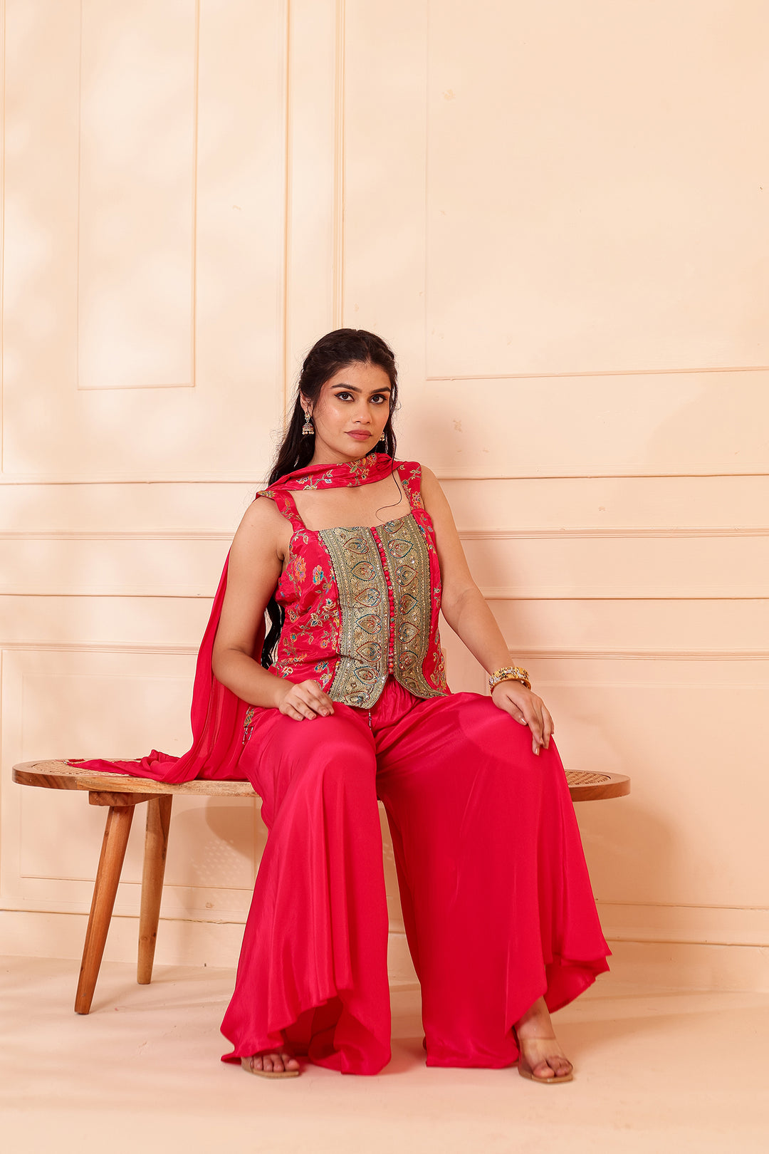 Magenta Crepe Silk Indo-Western Flared Palazzo Suit.