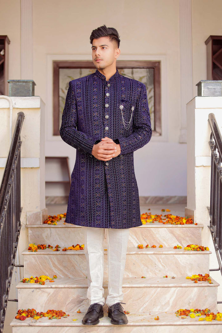 Navy Blue Velvet Indo-western Suit With Threadwork And Sequins