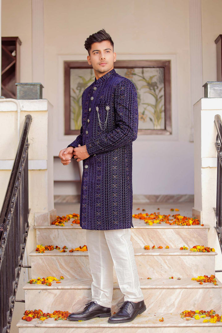 Navy Blue Velvet Indo-western Suit With Threadwork And Sequins