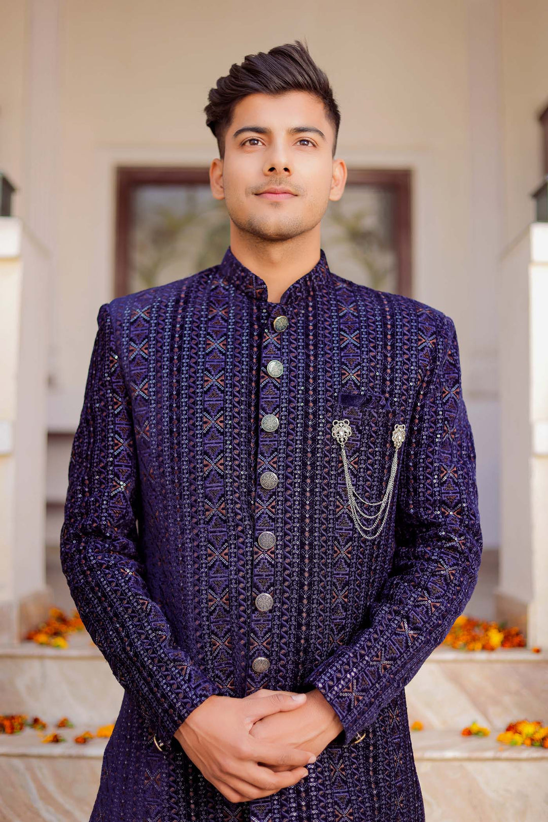 Navy Blue Velvet Indo-western Suit With Threadwork And Sequins