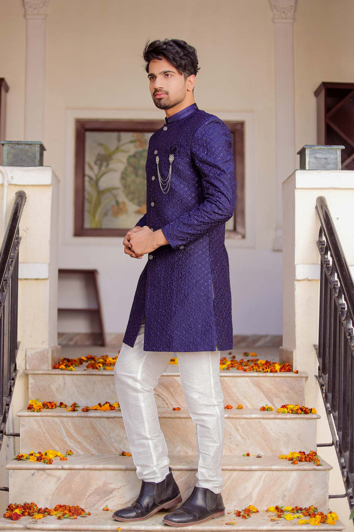 Navy Blue Lucknowi Silk Indo-western Suit