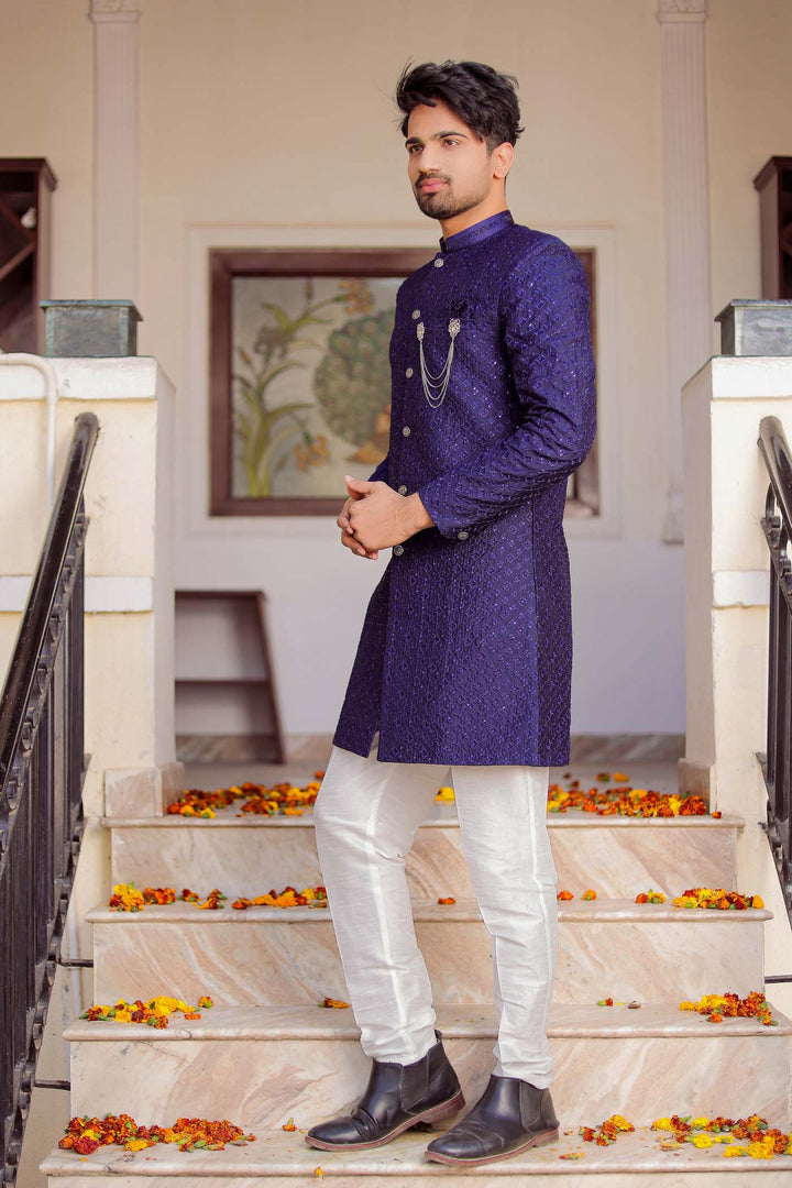 Navy Blue Lucknowi Silk Indo-western Suit