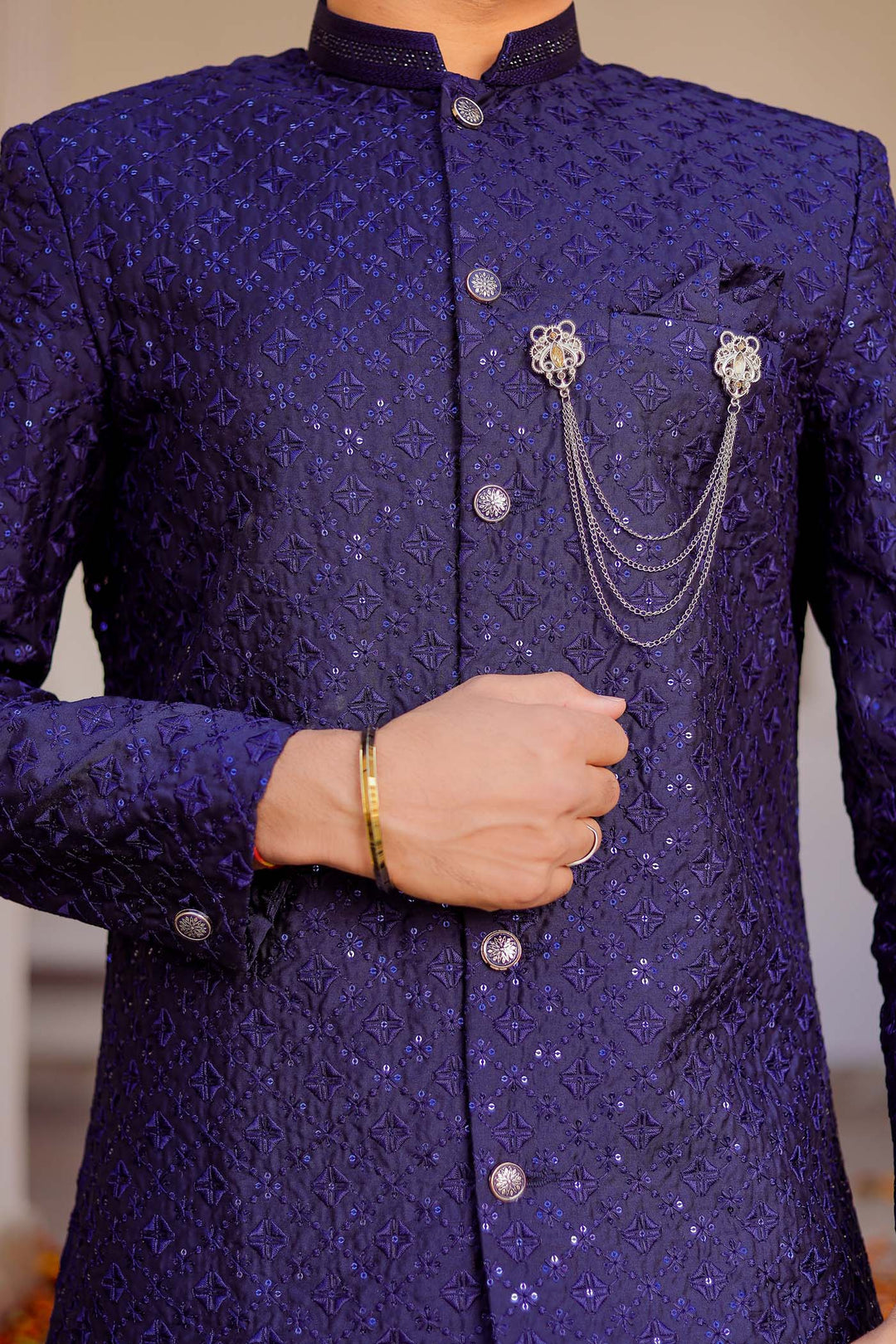 Navy Blue Lucknowi Silk Indo-western Suit