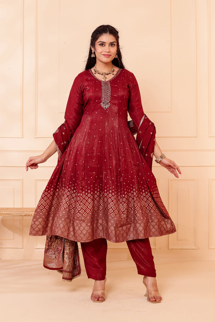 Burgundy Gajji Silk Anarkali Suit.