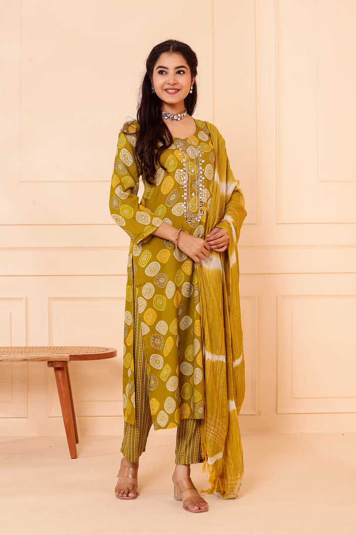 Mehndi Green Straight Cut Rayon Kurta Set with Mirror work.