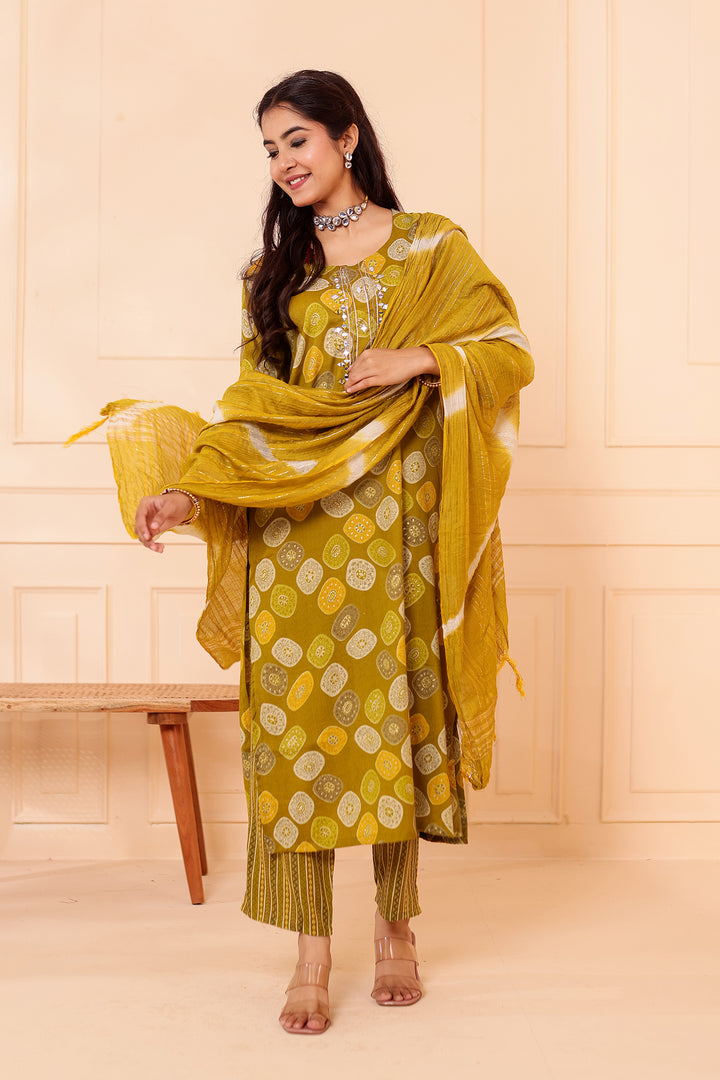 Mehndi Green Straight Cut Rayon Kurta Set with Mirror work.