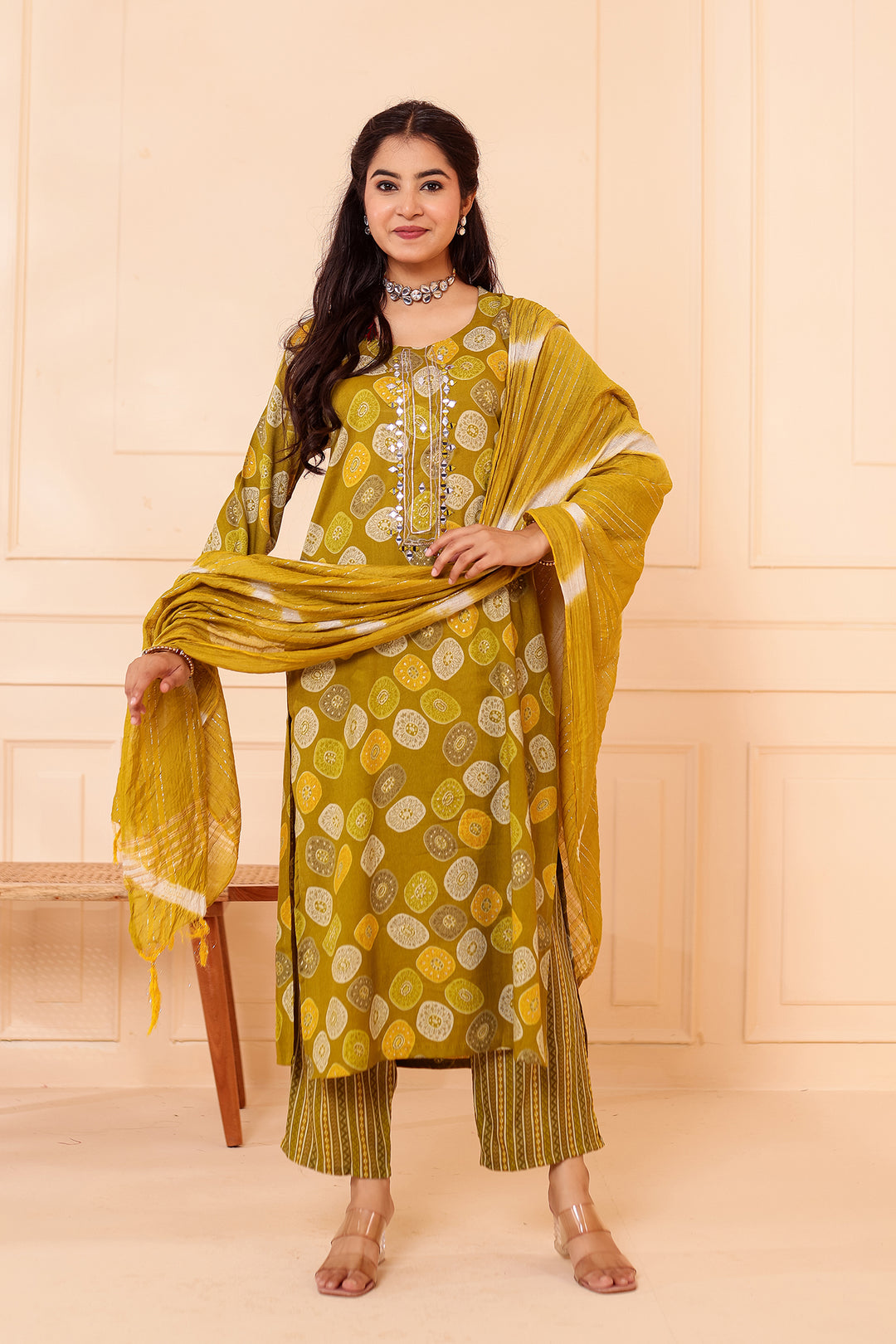 Mehndi Green Straight Cut Rayon Kurta Set with Mirror work.