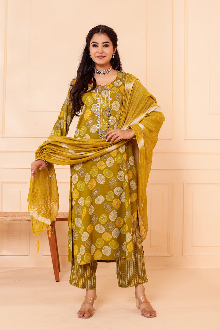 Mehndi Green Straight Cut Rayon Kurta Set with Mirror work.