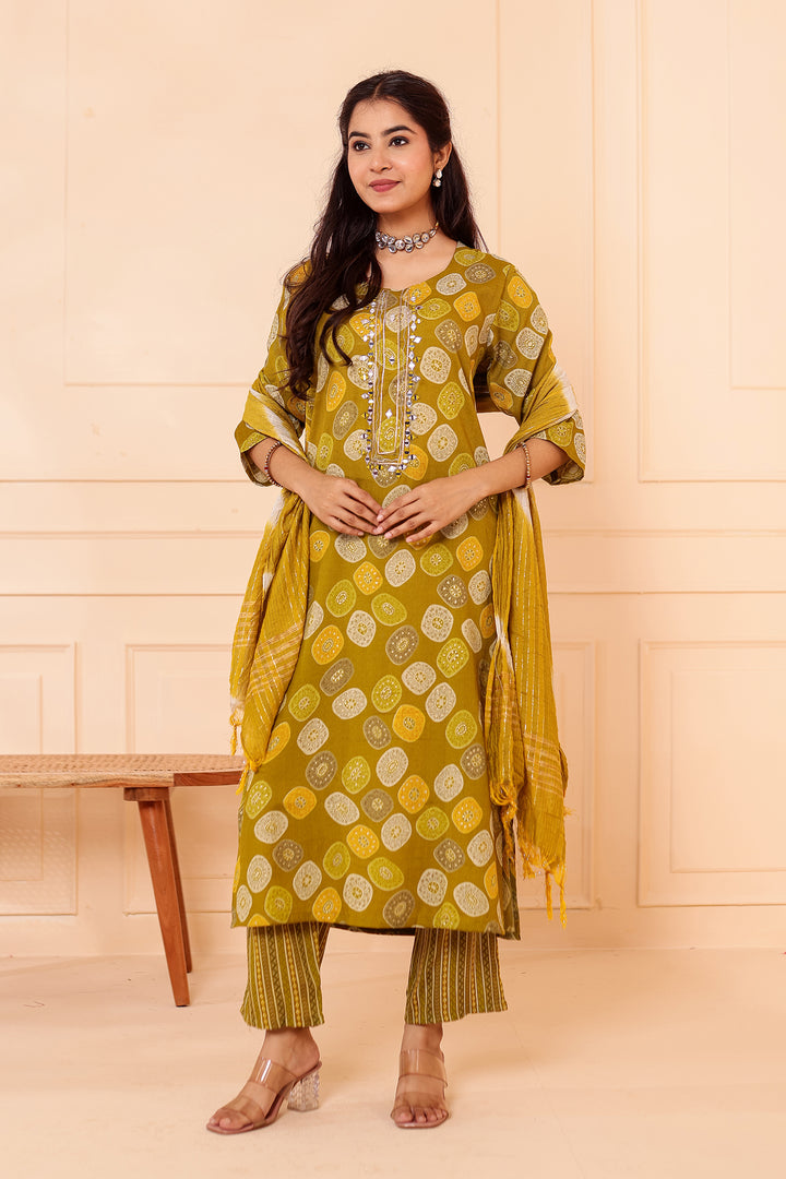 Mehndi Green Straight Cut Rayon Kurta Set with Mirror work.