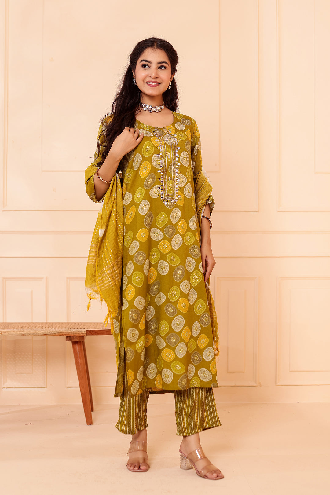 Mehndi Green Straight Cut Rayon Kurta Set with Mirror work.