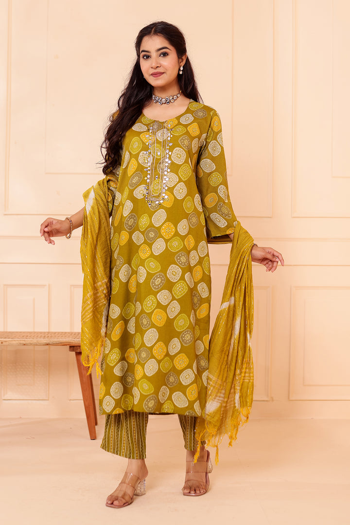 Mehndi Green Straight Cut Rayon Kurta Set with Mirror work.