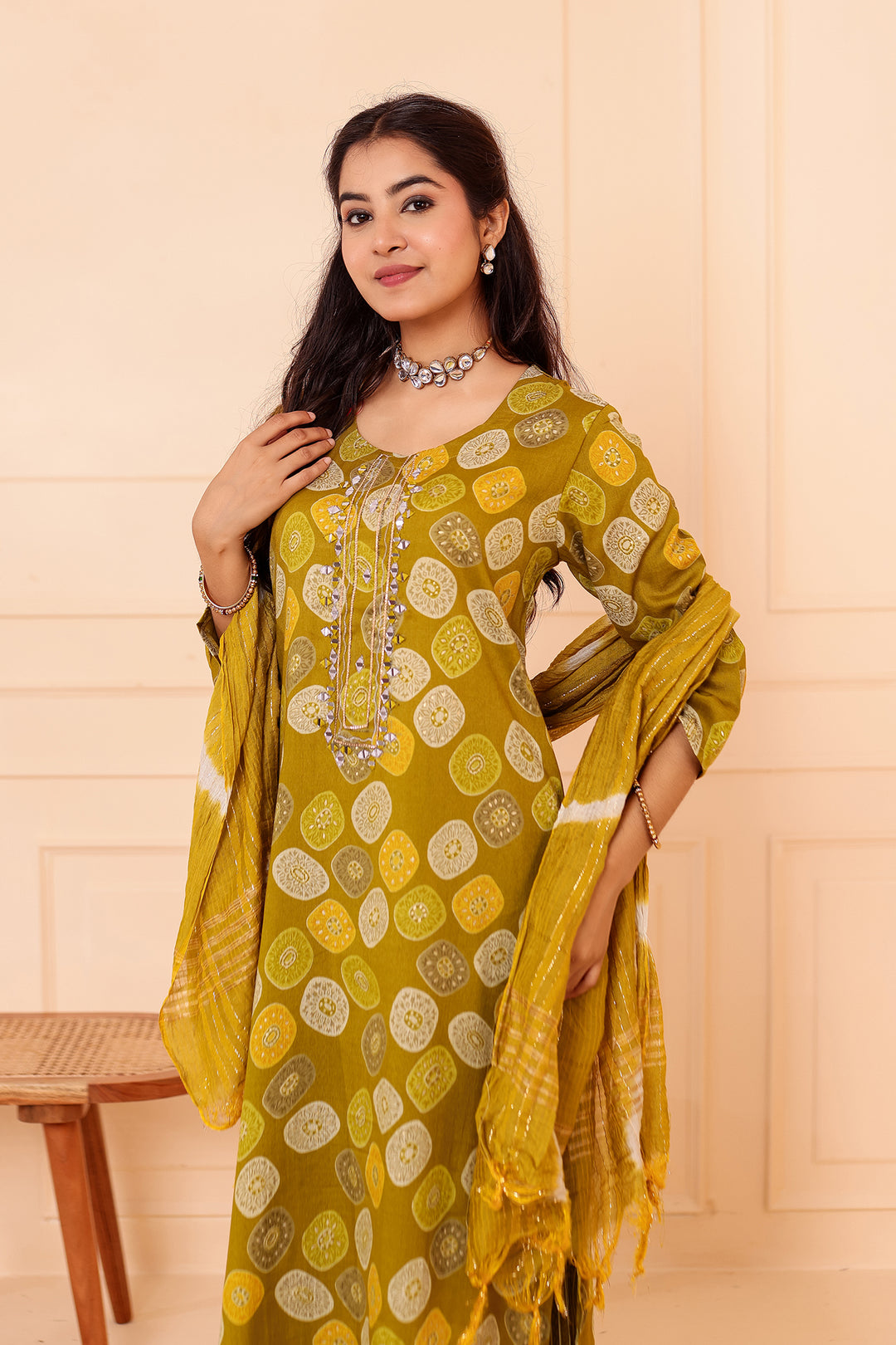 Mehndi Green Straight Cut Rayon Kurta Set with Mirror work.