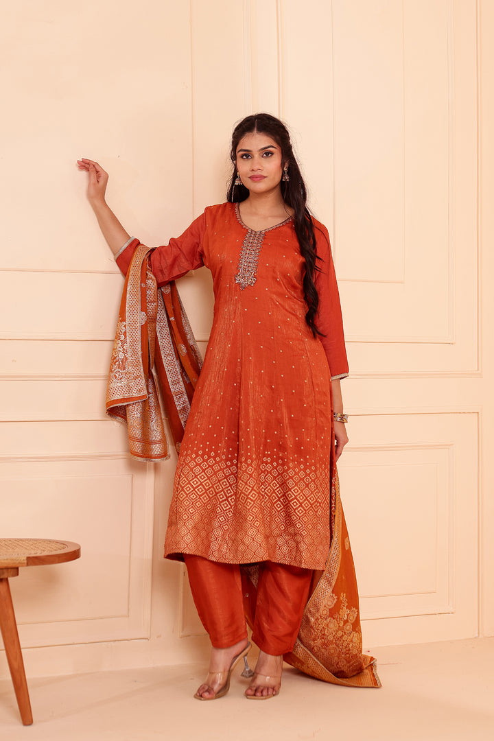 Rust Gajji Silk Anarkali Suit.